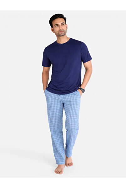 Victor and Jane Navy Blue Checkered Short Sleeve Jersey Pyjamas Set (100% Cot...