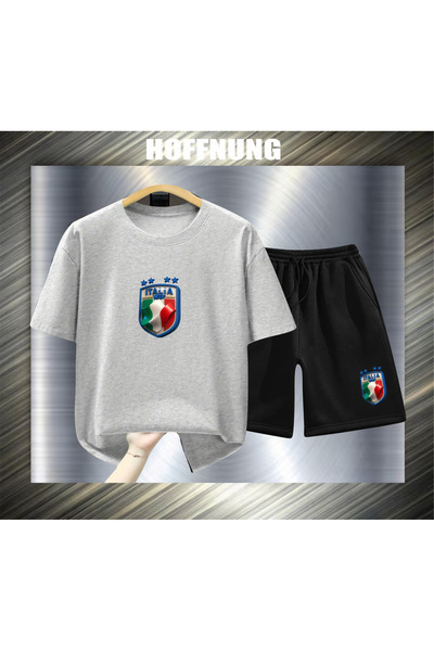 HOFFNUNG Unisex Casual Short Sleeve Set with Italian Logo Print Outdoor Sprin...