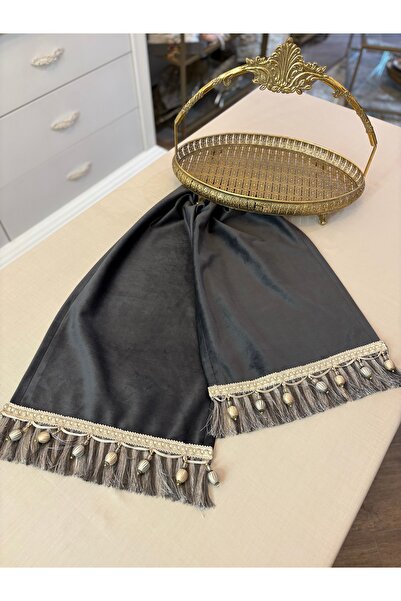 ELORA MAISON Gri antrasit kadife püsküllü fındık boncuklu günlük hediyelik ru...