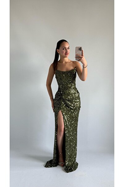 AYŞENUR DİNÇER Mercan Yırtmaçlı Straplez Abiye Haki Yeşil