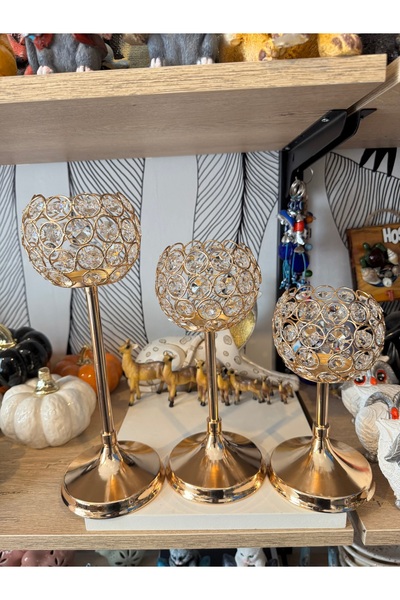 Atak Hediyelik Dekoratif 3’lü Kristal taşlı kadeh Şamdan metal mumluk gold 31...