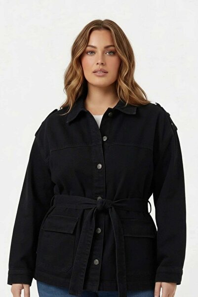 RMG Jachetă de blugi pentru femei, mărime mare, cu detaliu de șireturi în tal...