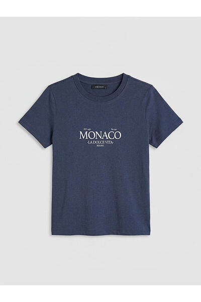 LC Waikiki Γυναικείο μπλουζάκι Navy Blue Crew Neck με στάμπα Monaco