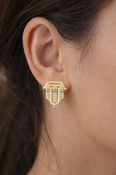 TAKIŞTIR أقراط سيريناي موديل شوبينغ ذات تفاصيل حجرية ذهبية اللون (زوج)