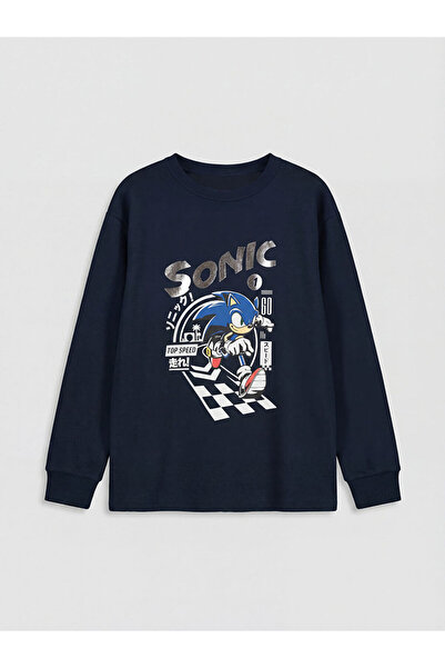 LC Waikiki تي شيرت للأولاد بطبعة سونيك برقبة دائرية باللون الأزرق الداكن
