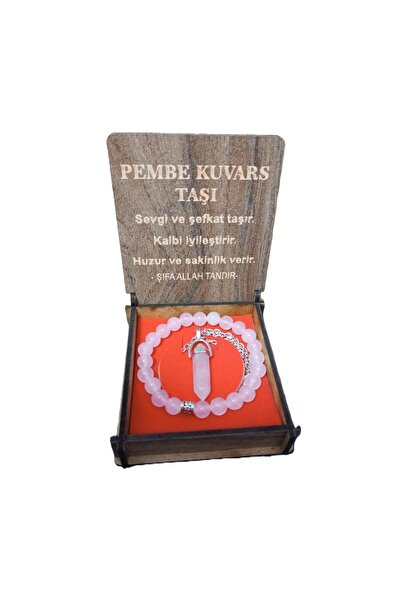 BEST PARTİ Best Special Wooden Boxed Pink Quartz Stone Bracelet and Necklace Set
