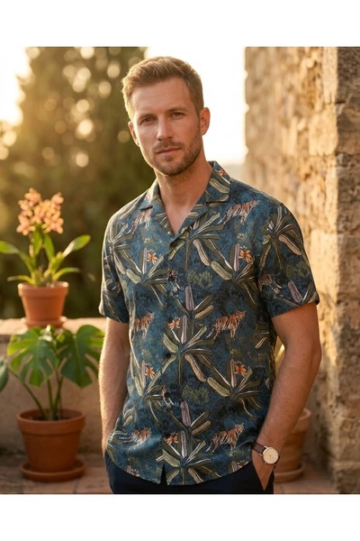 CANMODA Men's Navy Blue Short Sleeve Hawaiian Collar Shirt with Tiger and Tro...