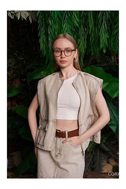 Coral Zippered Denim Vest with Pockets 6073 Light Brown