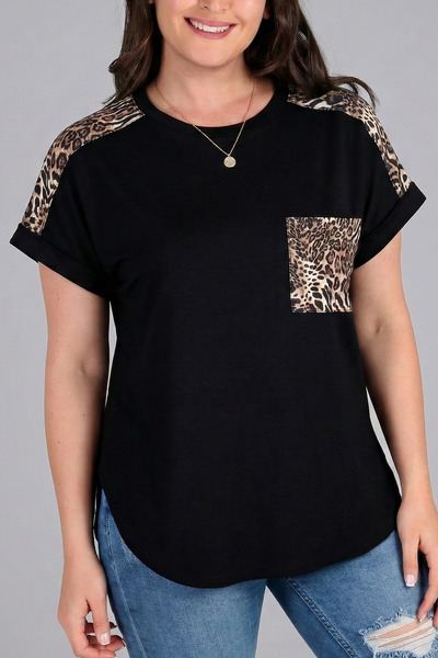 Curvy Trend Μπλούζα μεγάλου μεγέθους με λεοπάρ σχέδιο στους ώμους και στις τσ...