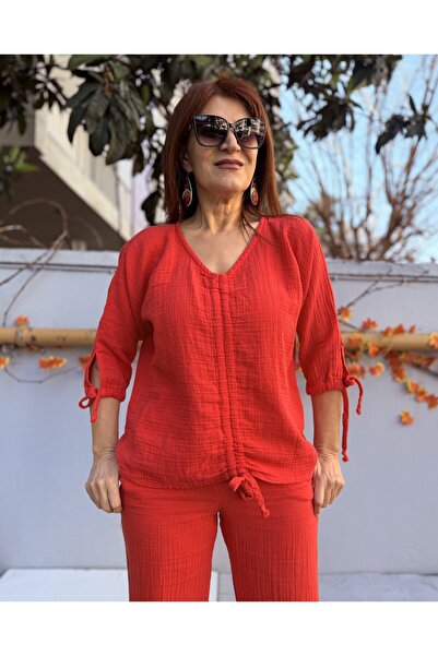 DenizEge Muslin Blouse with Gathered Front and Sleeves, Pomegranate Flower