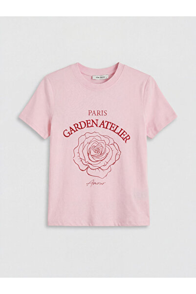 LC Waikiki Ροζ γυναικείο μπλουζάκι με στάμπα Paris