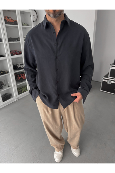 BYBASICMAN Cămașă oversize neagră din tensel, lavabilă, TW-1092