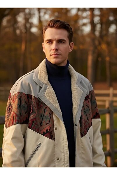 CANMODA (7904) Recien Unisex Fur Collar Vintage Aztec Jacket Oversize 90S Coa...