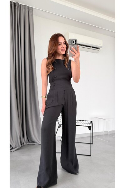 pelin yıldız butik Berlin Salaş Düğmeli Yelek Piliseli Pantolon Takım