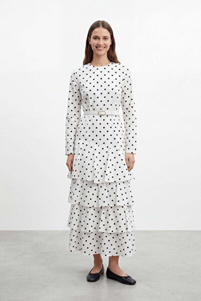 Loreen Women's Polka Dot Detailed Layered Dress -20769Elb - Ecru-Black