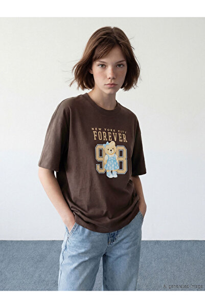 LC Waikiki Rmz Gi̇yi̇m Farkiyla Zero Roba Yaka New York Printed Women's T-Shirt