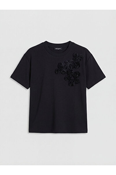 LC Waikiki Black Floral Appliqué Soft Touch Women's T-Shirt