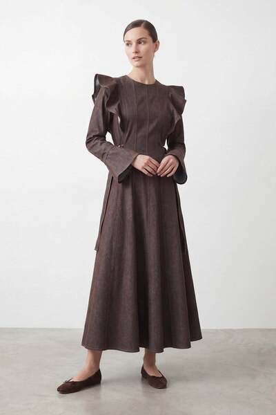 Loreen Women's Long Denim Dress with Ruffle Detail on the Shoulder -20766Elb ...