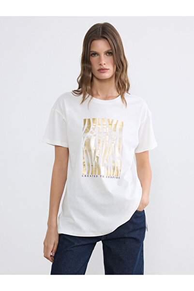 LC Waikiki Γυναικείο T-Shirt με στάμπα Ecru Crew Neck