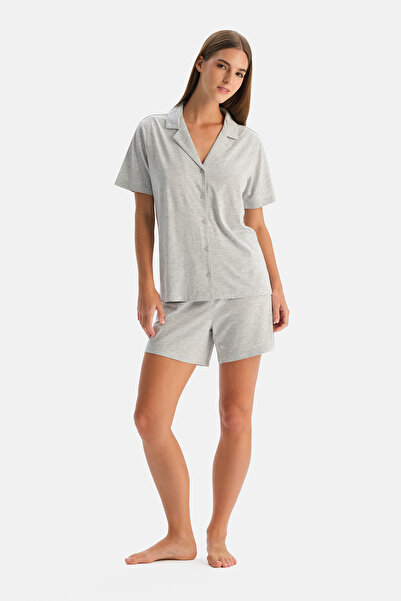 Dagi Ecru Melange Short Sleeve Basic Shirt Shorts Set