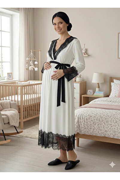 Pelin Women's Ecru Lace Maternity Nightgown and Dressing Gown Set with Hidden...