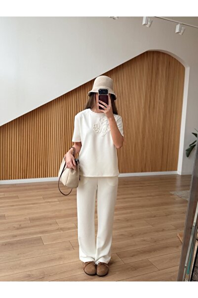 SHILSEE BEUTİQUE Costum de damă brodat, cu mânecă scurtă, din modal, ecru