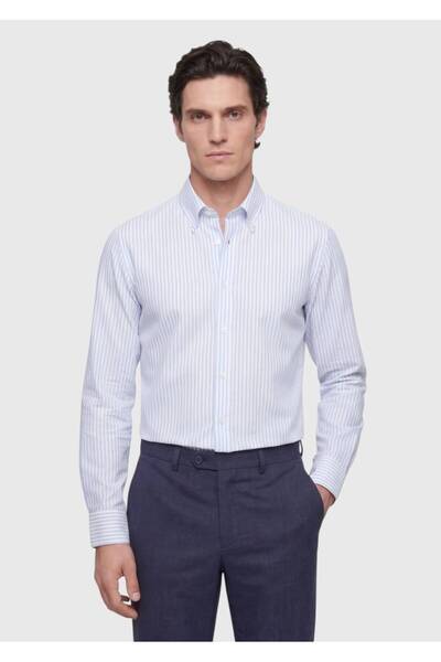 Ramsey Μπλε ριγέ κλασικό πουκάμισο από 100% βαμβάκι με κανονική εφαρμογή