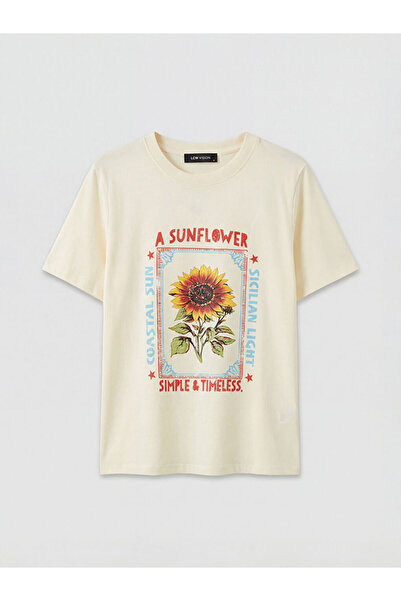 LC Waikiki Γυναικείο μπλουζάκι με στάμπα μπεζ Crew Neck