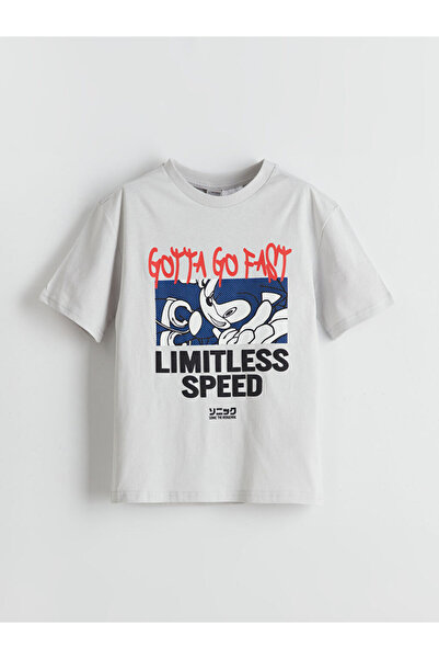 LC Waikiki تي شيرت للأولاد باللون الرمادي مطبوع عليه رقبة دائرية وطباعة سونيك