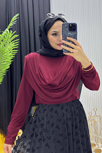 Tesettür Diyarı Women's Degaje Collar Sandy Fabric Blouse - Burgundy