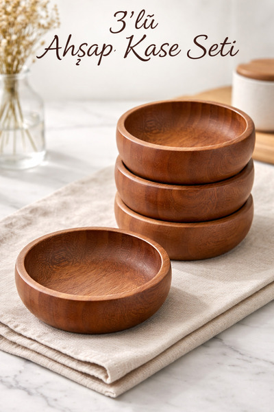 MUTFAKÇIM Doğal Ahşap Kase Seti 3’lü– Bambu Sunum & Çerezlik