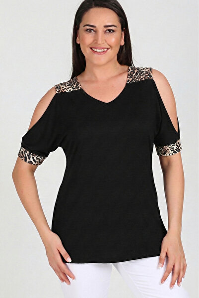 Curvy Trend Μπλούζα λεοπάρ με τιράντες στα μανίκια σε μεγάλο μέγεθος