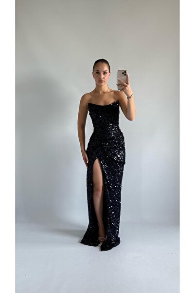 ayşenur Dinçer butik Mercan Yırtmaçlı Straplez Abiye Lacivert