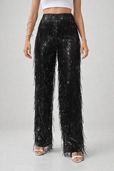 SERBA Pantaloni largi cu talie înaltă, negri, cu paiete și ciucuri, pentru femei