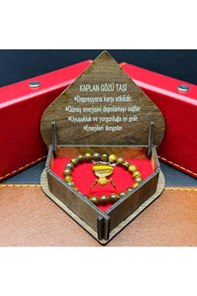 BEST PARTİ Best Heart-Shaped Wooden Box Tiger's Eye Stone Bracelet-Necklace-R...