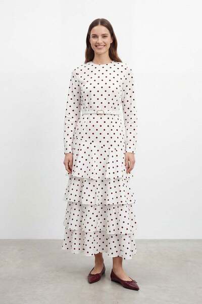 Loreen Women's Polka Dot Detailed Layered Dress -20769Elb - Ecru-Burgundy