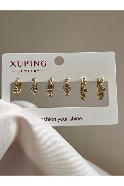 yeknova Xuping 14K Gold Renginde Taşlı 3 Çift (6adet) Kararmaz Kadın Halka Kü...