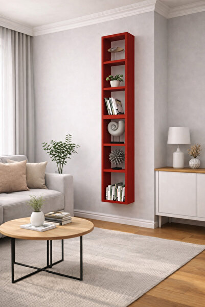 Dekormer Design Duvar Rafı Kitaplık Dikey Hediye Rafı Mobilya Takım Kırmızı