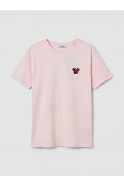 LC Waikiki Ροζ γυναικείο μπλουζάκι με λαιμόκοψη ποδηλάτου και στάμπα Μίκυ Μάους