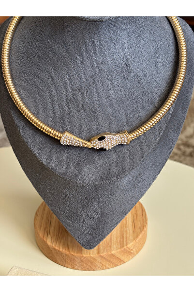 plnstudio Zirkon Taşlı Gold Yılan Choker Kolye