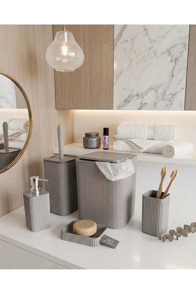 Line 5 Parça Kare Banyo Seti: çöp kovası,WC Fırçası,Sabunluk,Diş Fırçası