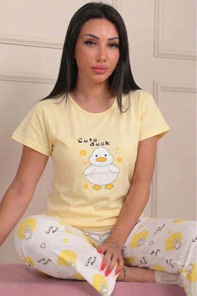 Niket Life طقم بيجامة نسائي بأكمام قصيرة مع شعار بطة لطيف ونقشة بطة