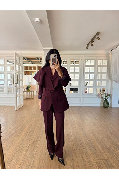 My Blog Σετ Παντελόνι και Σακάκι με Διπλά Κουμπιά, Μπορντό, με Ζώνη και Κάπα ...