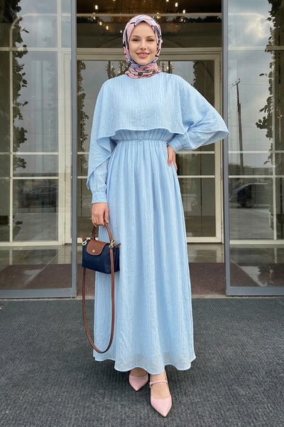 InStyle Shawl Collar Gathered Waist Baby Blue Dress