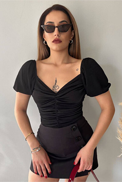 Mistix بلوزة بأكمام بالون وربطة أمامية - أسود