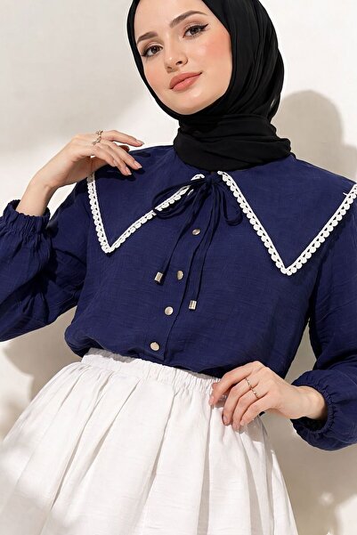 onlymoon Women's Navy Blue Hijab Shirt with Large Collar and Pearl Detail |  ...