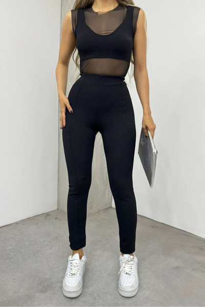 Mistix Tulle Blouse Detail Leggings Set - Black Black