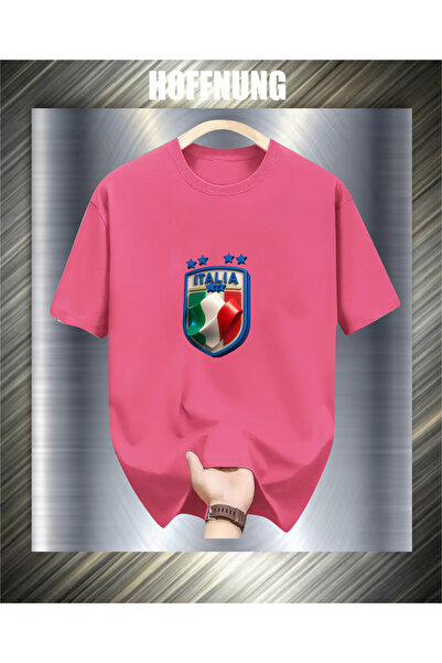 HOFFNUNG Unisex Short Sleeve Round Neck Italian Logo Printed Solid Color Tshirt