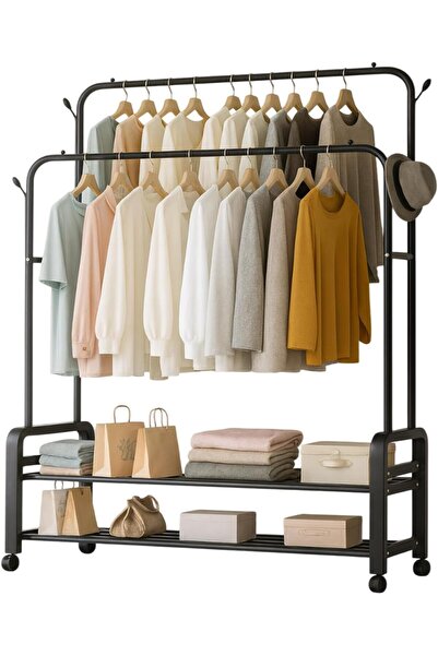 Generic Garment Rack with Wheels, Double Rod Clothing Rack