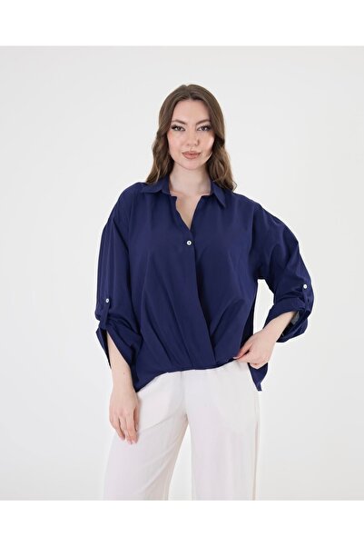 S.Y Collection بلوزة فوال واسعة الأكمام مع طيات قصيرة من الأمام وطويلة من الخلف